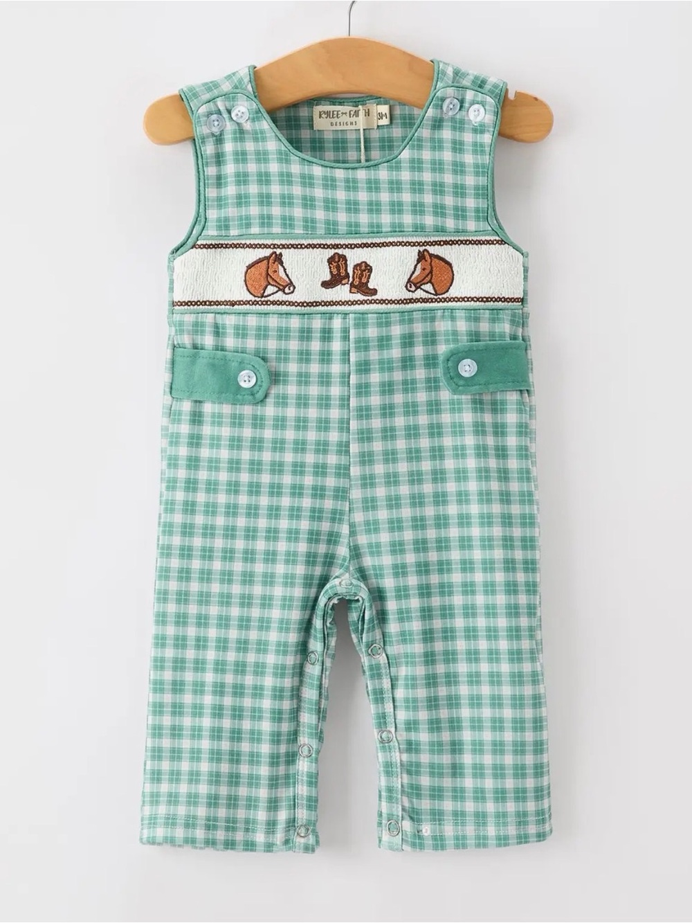 Gingham Smocked Horse-Trim Overalls in Mint Green